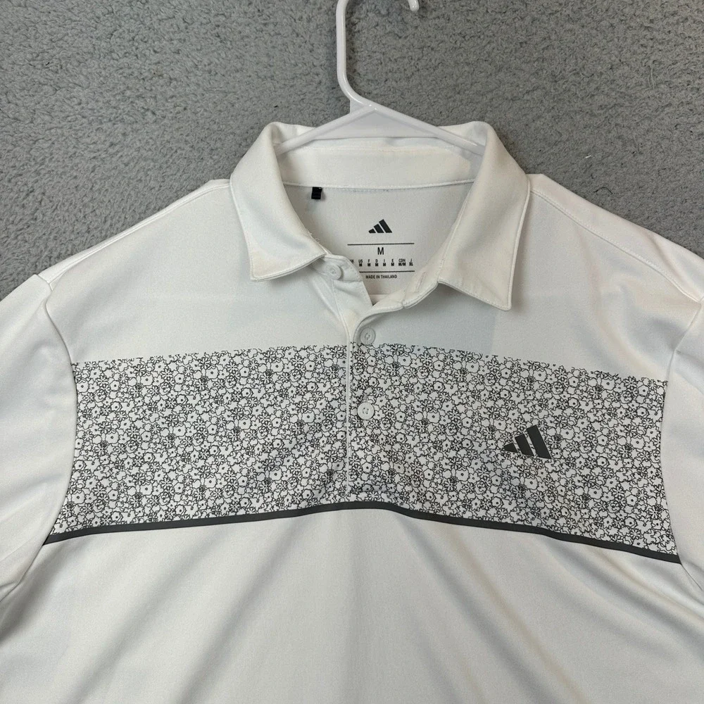 Adidas Polo Shirt Mens Medium White Floral Chest Stripe Performance Golf Rugby